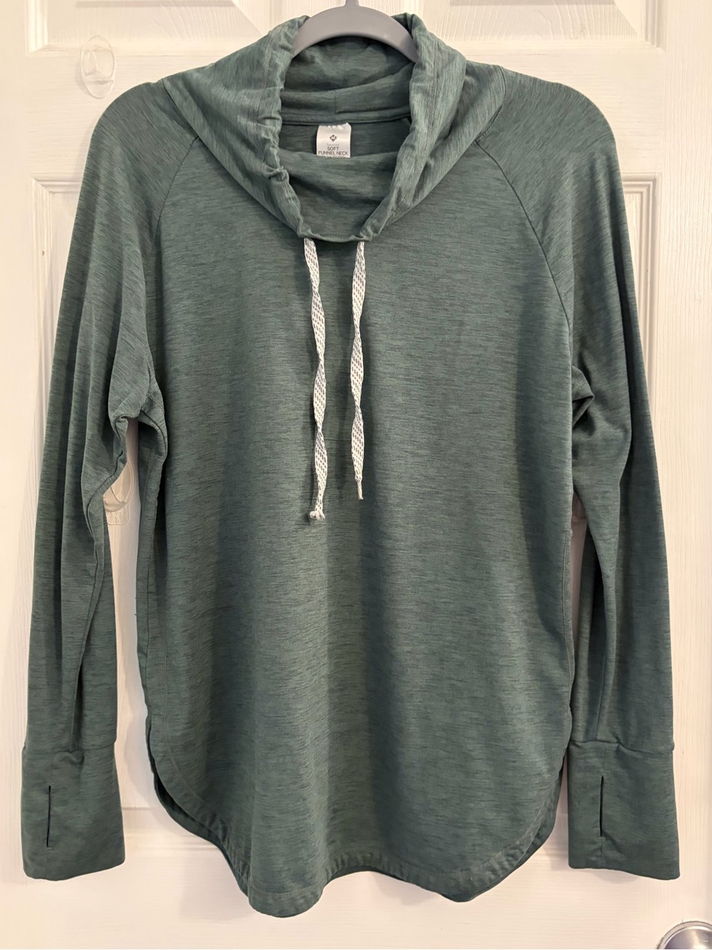 Cozy Sage Cowl Neck Pullover Sweater with Drawstring. Size medium